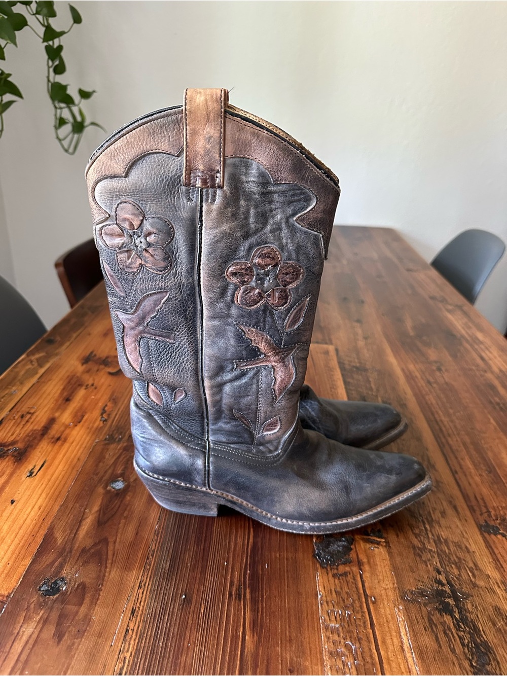 Bed Stu Brown Floral & Bird Embossed Leather Cowboy Boots